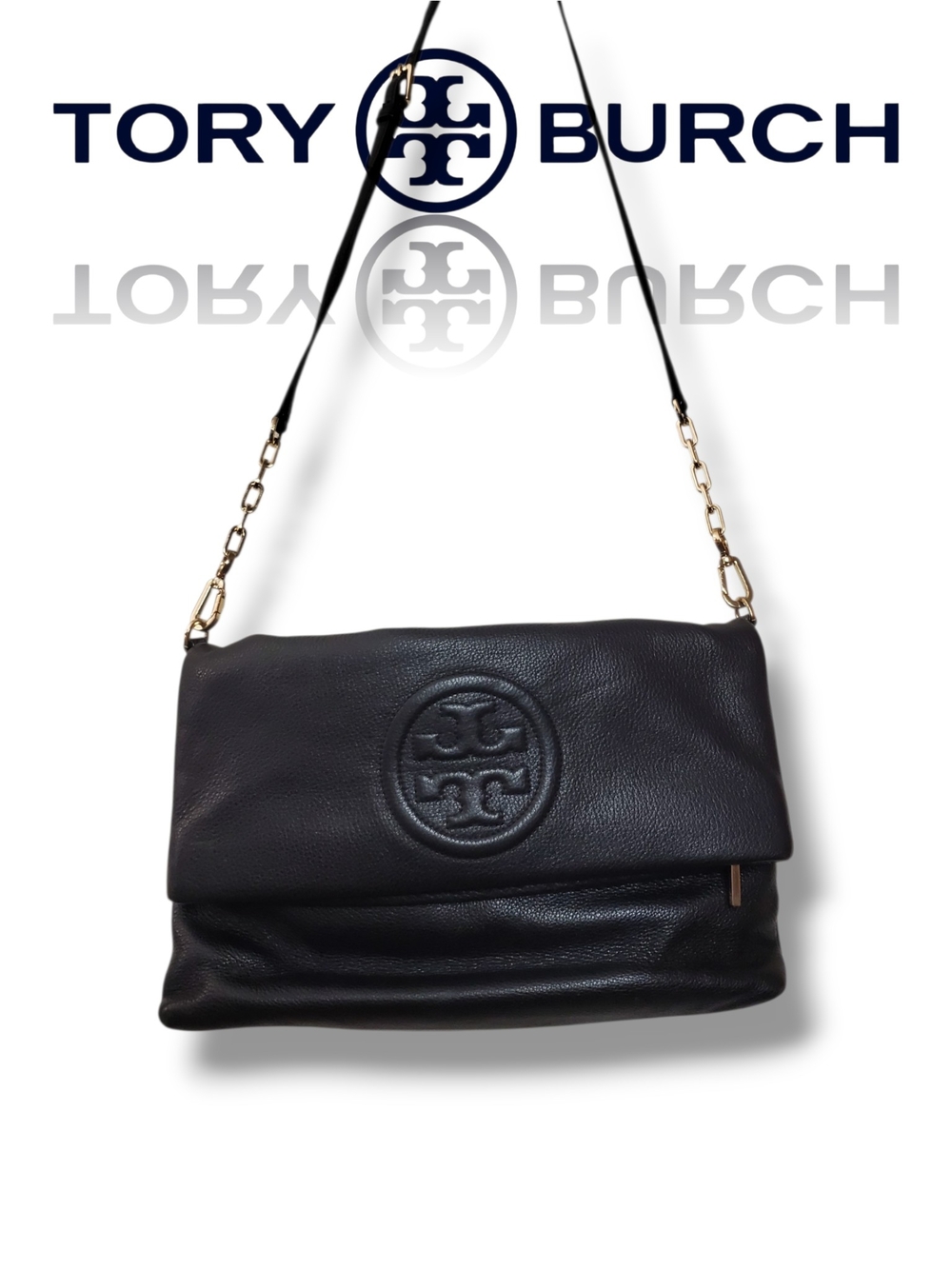 Tory Burch Black Pebbled Leather Amanda Foldover 2 Way Crossbody Messenger Bag